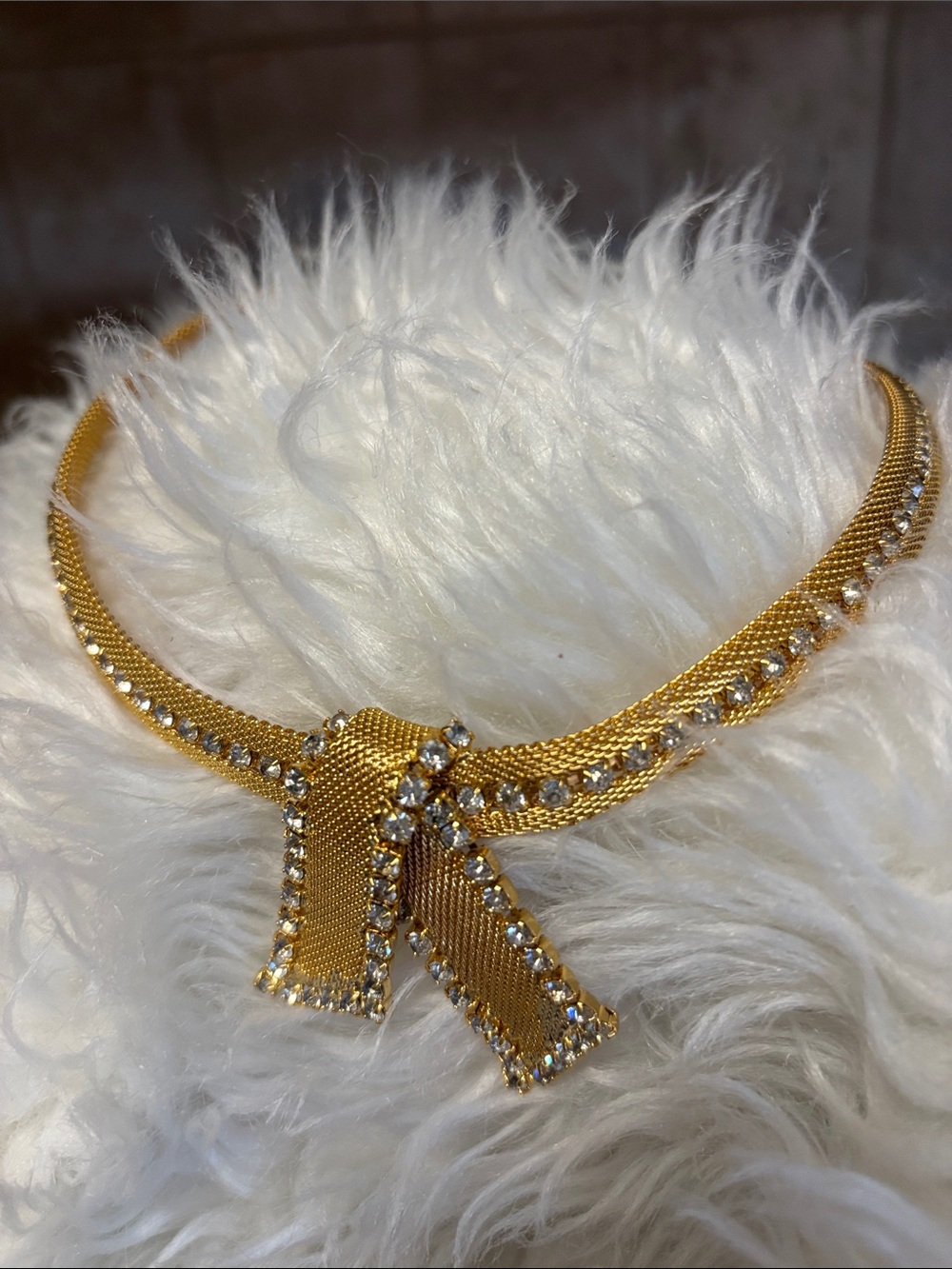 Vintage Mid Century Gold Ribbon Choker Necklace Rhinestones Elegant Jewelry